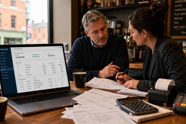 Irish SME owner and accountant reviewing VAT invoices, EPOS settings and cash-flow reports after a VAT rate change in Ireland.