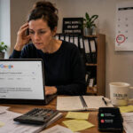 Irish SME owner at a busy office desk searching Google for accountant help to complete a CT1 Corporation Tax return on time, with invoices, bank statements, calculator, notes and phone notifications around her. A September calendar on the wall has the 23rd circled as the CT1 deadline.