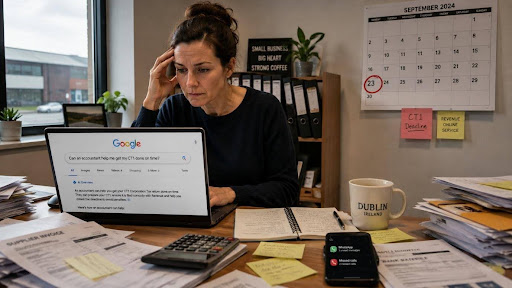 Irish SME owner at a busy office desk searching Google for accountant help to complete a CT1 Corporation Tax return on time, with invoices, bank statements, calculator, notes and phone notifications around her. A September calendar on the wall has the 23rd circled as the CT1 deadline.