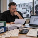 Irish SME owner reviewing courier invoices, PAYE records and self-employed status following Revenue courier tax guidance in Ireland.