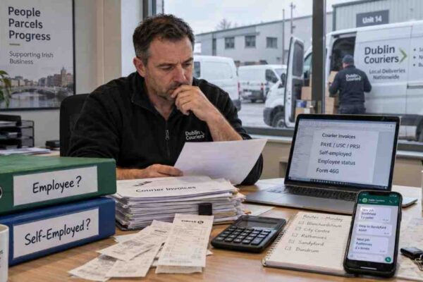 Irish SME owner reviewing courier invoices, PAYE records and self-employed status following Revenue courier tax guidance in Ireland.