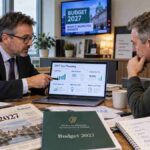 AI-generated image of a Dublin accountant explaining Budget 2027 tax, payroll, reporting and cash-flow changes to an Irish SME business owner.