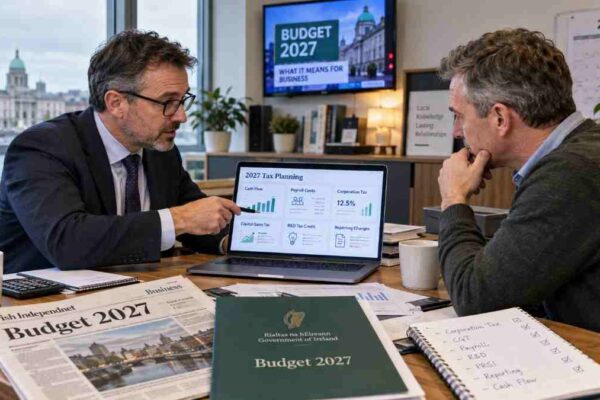 AI-generated image of a Dublin accountant explaining Budget 2027 tax, payroll, reporting and cash-flow changes to an Irish SME business owner.